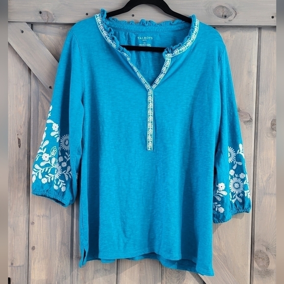 Talbots Embroidered Sleeve Open V Neck Tunic Size XLP - Picture 3 of 9